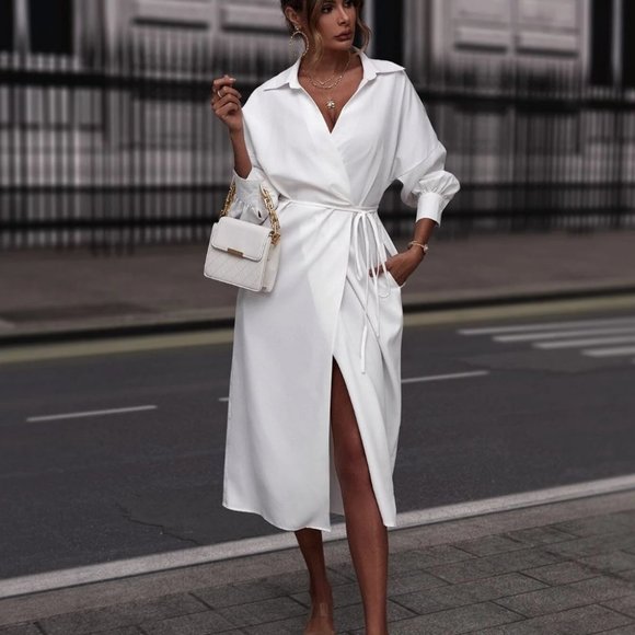 White Preppy Womens Drop Shoulder Self-tie Wrap Shirt Dress - Picture 4 of 5